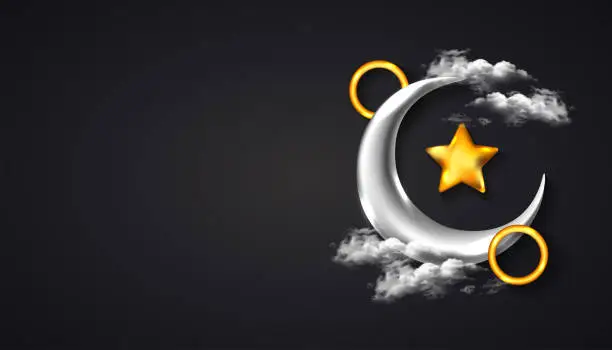 Vector illustration of Ramadan Kareem Background with realistic crescent moon, star, and ring with golden silver color. Perfect for banner, greeting.
