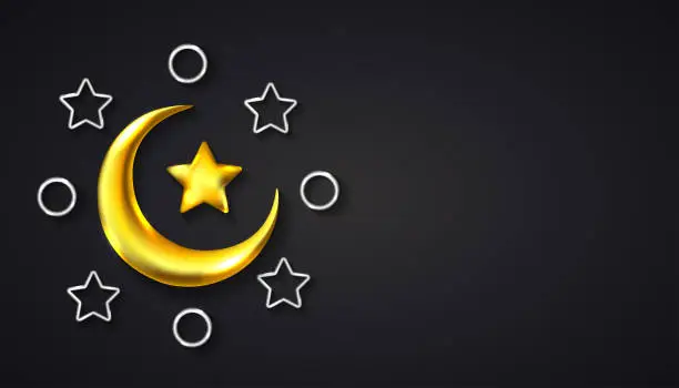 Vector illustration of Ramadan Kareem Background with realistic crescent moon, star, and ring with golden silver color. Perfect for banner, greeting.