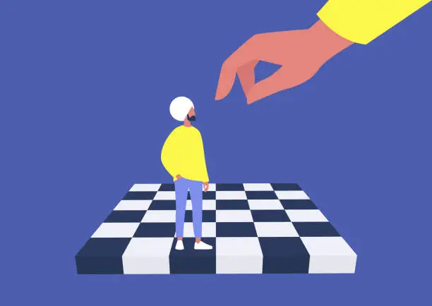 Vector illustration of Young indian male character on a chess board, manipulation and domination, pawn, business strategy, obedience