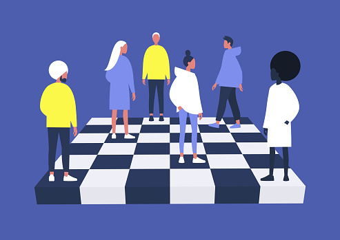 A group of diverse characters playing chess on a chessboard, management concept