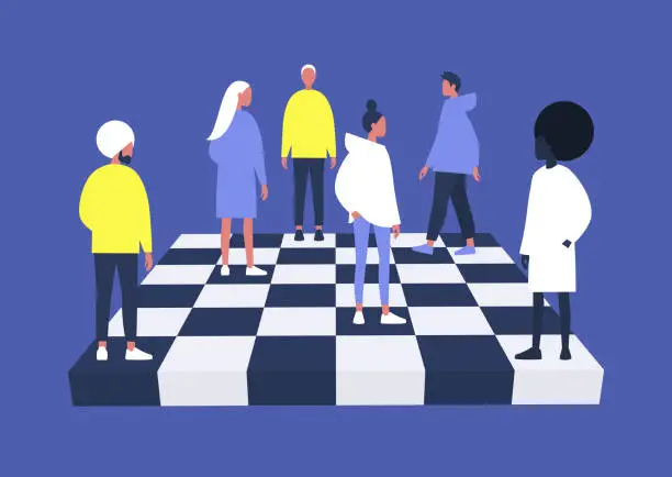 Vector illustration of A group of diverse characters playing chess on a chessboard, management concept