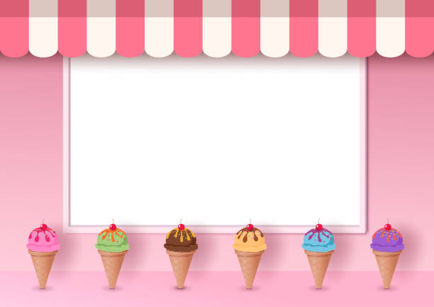 ice cream pink cafe Illustration vector of Ice cream cone decorated on pink cafe with white frame board background on 3d style awning stock illustrations