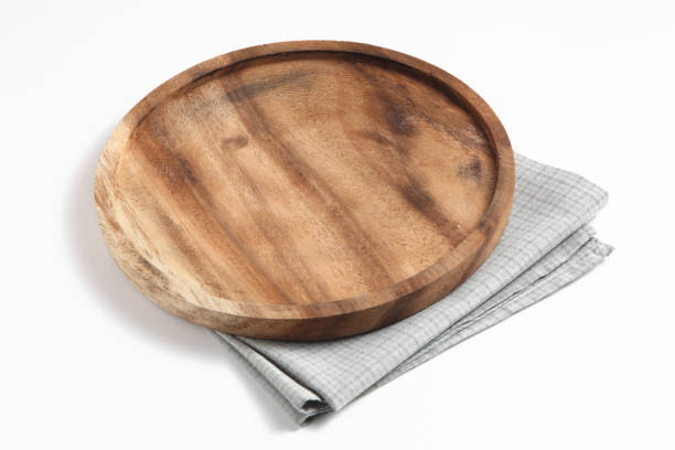 istock Empty wooden tray and napkin isolated on white background 1210249129