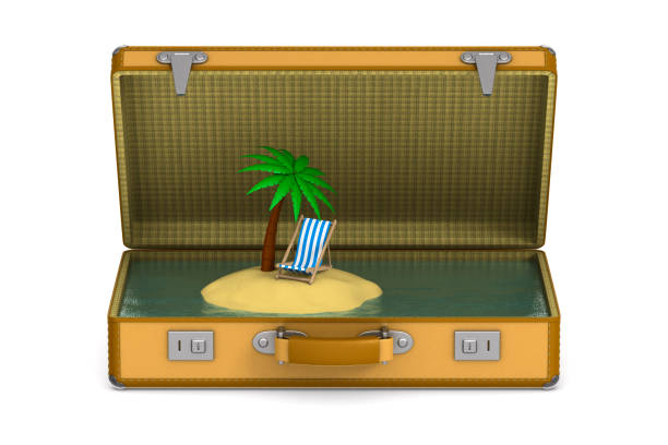 istock palm tree on island and chaise lounge into suitcase on white background. Isolated 3D illustration 1210249285