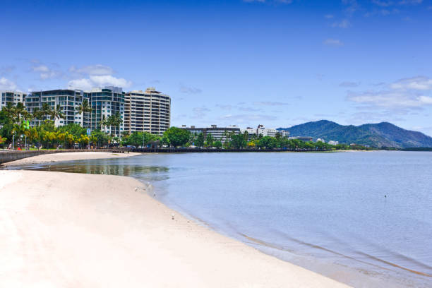 Cairns, Australia landscape photo of cairns An empty beach with buildings and mountains in the background cairns australia stock pictures, royalty-free photos & images