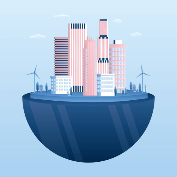 Future city with skyscrapers buildings. Urban view with electric windmills, eco-friendly environment Future city with skyscrapers buildings. Urban view with electric windmills, eco-friendly environment. Clean ocean and alternative energy. Trendy style vector illustration responsible business illustrations stock illustrations