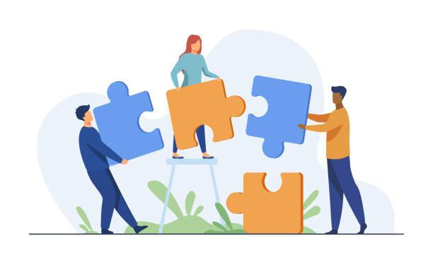 Partners holding big jigsaw puzzle pieces vector art illustration
