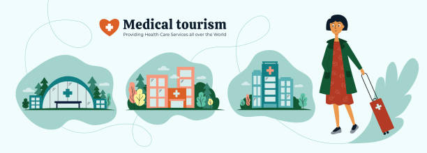 Medical tourism vector illustration with girl choosing quality clinic Medical tourism agency. Girl choosing quality medical services all over the world. Icons of clinic, hospital, health care center. Young woman and organization of treatment abroad. Vector illustration. travel agencies stock illustrations