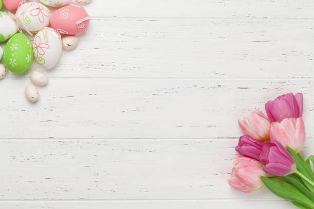 istock Easter greeting card with eggs and tulips 1210258085
