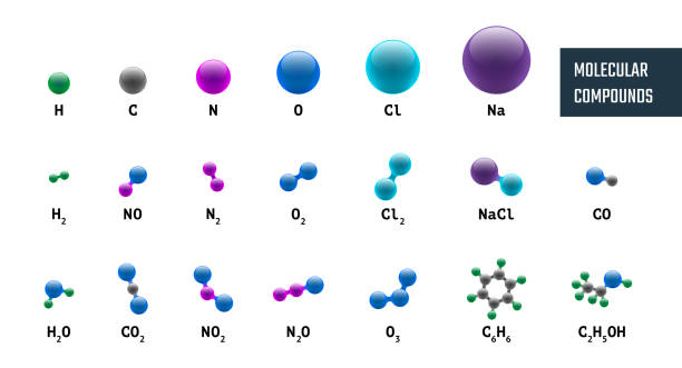 sammlung molekularchemischer modelle kombinationen aus wasserstoff-sauerstoff-natriumkohlenstoffstickstoff und chlor. vektormoleküle illustration isoliert auf weißem hintergrund - wasserstoff stock-grafiken, -clipart, -cartoons und -symbole