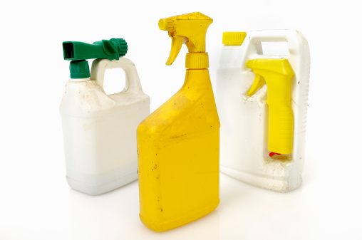 Old insecticide or pesticide containers.  Hazardous household chemicals requiring safe disposal.