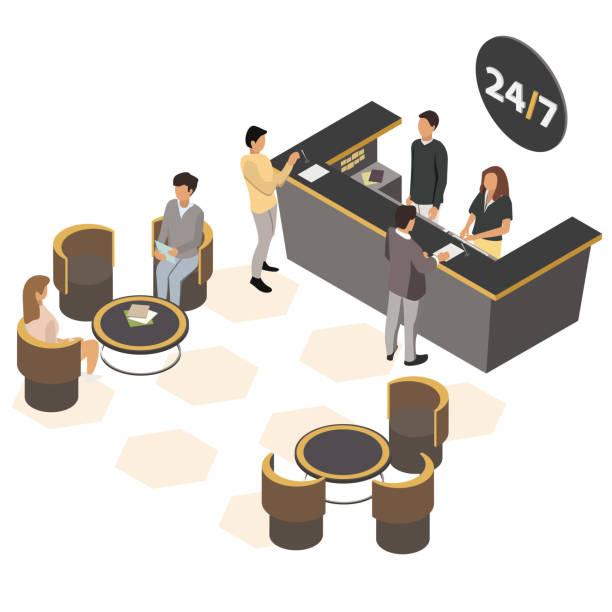 Customers at the reception. Receptionist at the counter welcoming. Reception service hotel desk. Customers are waiting in the armchairs at the coffee table. Isometric Vector illustration, 3d. Customers at the reception. Receptionists at the counter welcoming. Reception service hotel desk. Customers are waiting in the armchairs at the coffee table. Isometric Vector illustration, 3d. education registration event stock illustrations
