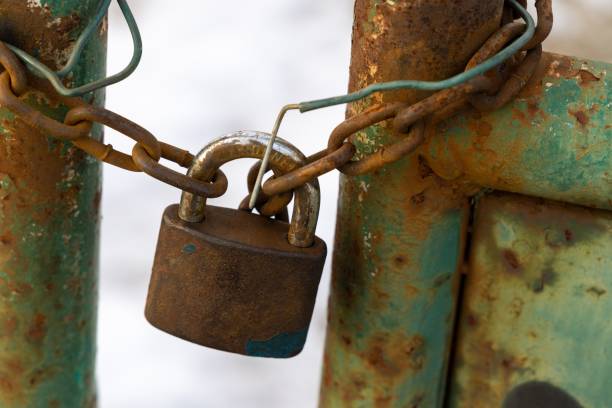 istock Rusty Padlock on the gate in the meadow fence. 1210260949