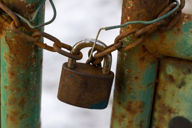 istock Rusty Padlock on the gate in the meadow fence. 1210260994