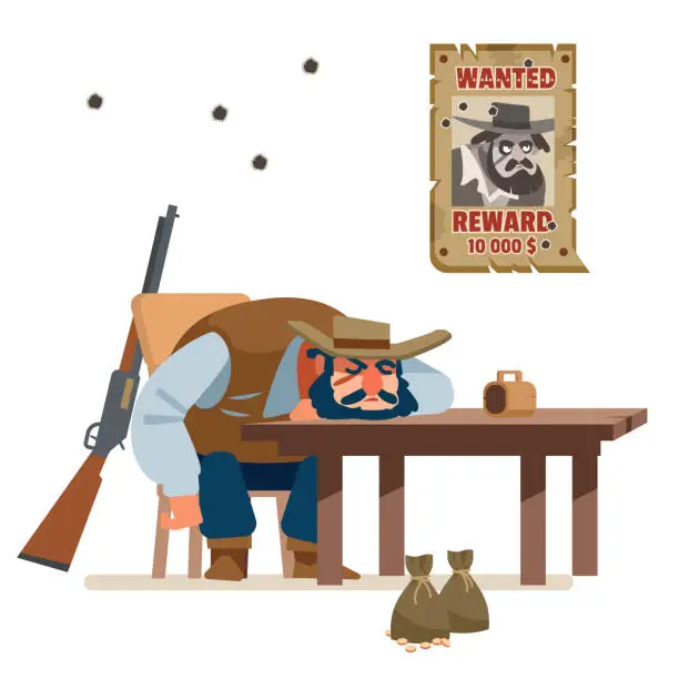 Vector illustration of The wanted bandit defeated everyone and fell asleep drunk in a cowboy bar. Wild west. Cartoon vector illustration. Flat style. Isolated on white background