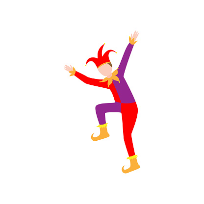 Funny castle jester or fool man in colorful clothes, red violet color and bell hat. Flat style. Vector illustration on white background