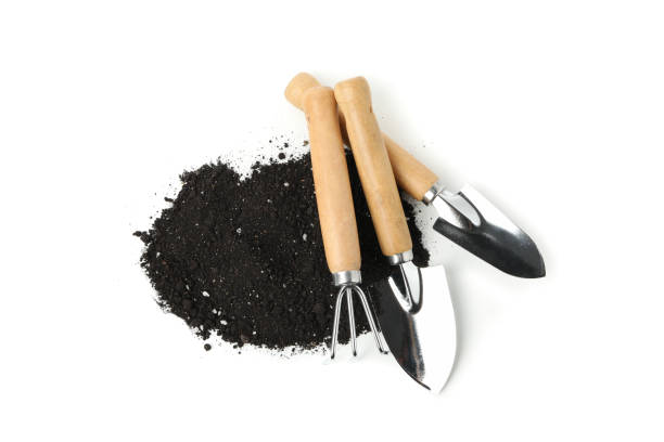 istock Fertile soil and gardening tools isolated on white background 1210265629