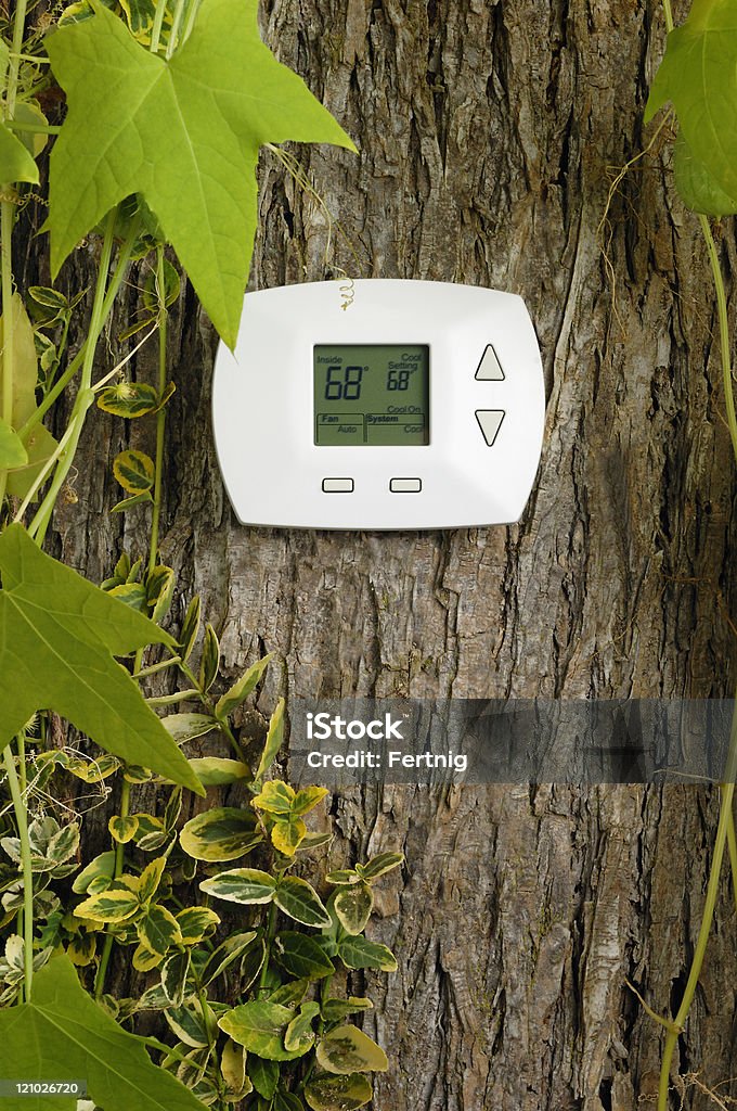 Терморегулятор на дерево, охлаждение температуре в Градус Фаренгейта - Стоковые фото Кондиционер воздуха роялти-фри