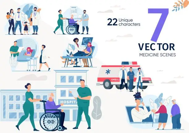 Vector illustration of Modern Medical Help Flat Vector Concepts Set
