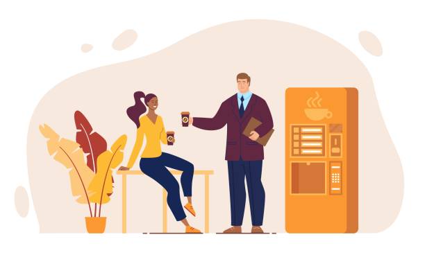 Office Coworkers Coffee Break Flat Vector Concept Office Coffee Break, Colleagues Conversation, Coworkers Informal Communication Concept. Resting Businesspeople, Company Manager Talking with African-American Woman, Trendy Flat Vector Illustration coffee break stock illustrations