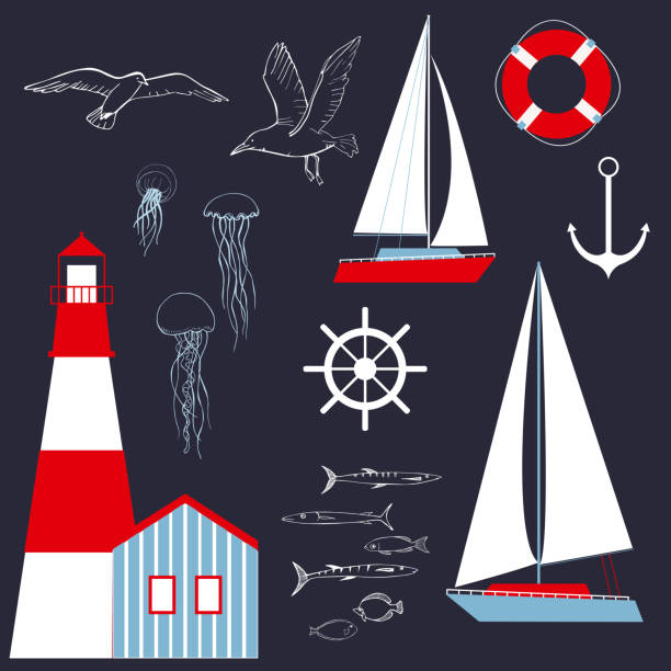 Sea set with yacht and lighthouse. Sea set with yacht and lighthouse. Vector illustration anchor free pic stock illustrations