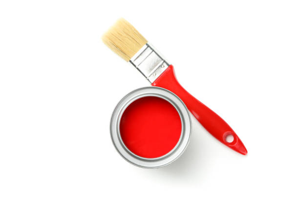 istock Red paint and brush isolated on white background 1210270935