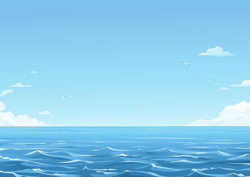 Sea waves and a blue sky with white clouds in the background. Vector illustration with space for text. Concept for environment, travel and nature.