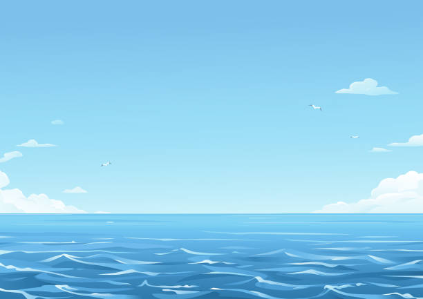 Blue Sea Background Sea waves and a blue sky with white clouds in the background. Vector illustration with space for text. Concept for environment, travel and nature. cloudscape illustrations stock illustrations