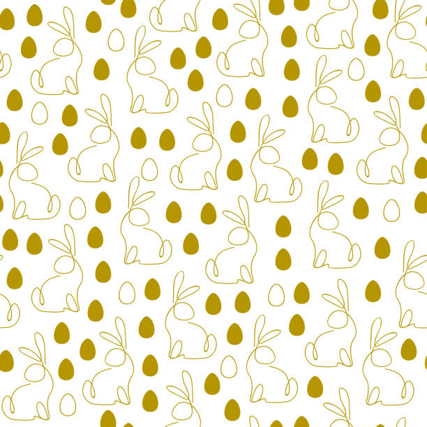 Easter seamless golden pattern with easter eggs silhouette and outline bunny sitting figure isolated on white background. Easter seamless golden pattern with easter eggs silhouette and outline bunny sitting figure isolated on white background. For holiday cards, packaging paper, banner, etc. Vector illustration. easter patterns stock illustrations
