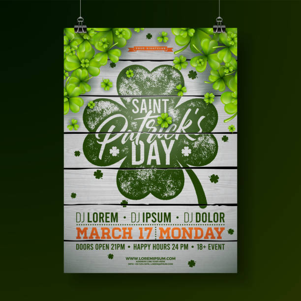 Saint Patrick's Day Celebration Party Flyer Illustration with Clover and Typography Letter on Vintage Wood Background. Vector Irish Lucky Holiday Design for Poster, Banner or Invitation. vector art illustration