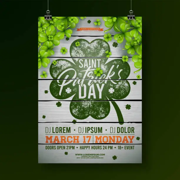 Vector illustration of Saint Patrick's Day Celebration Party Flyer Illustration with Clover and Typography Letter on Vintage Wood Background. Vector Irish Lucky Holiday Design for Poster, Banner or Invitation.