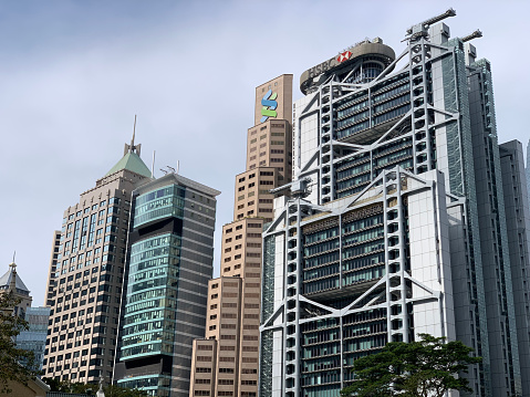 Hong Kong, Hong Kong - February 9, 2020 : HSBC headquarters and Standard Chartered Bank Building in Central District, Hong Kong.