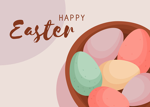 istock Happy Easter greeting card. Rustic basket with decorated easter eggs top view. 1210272933