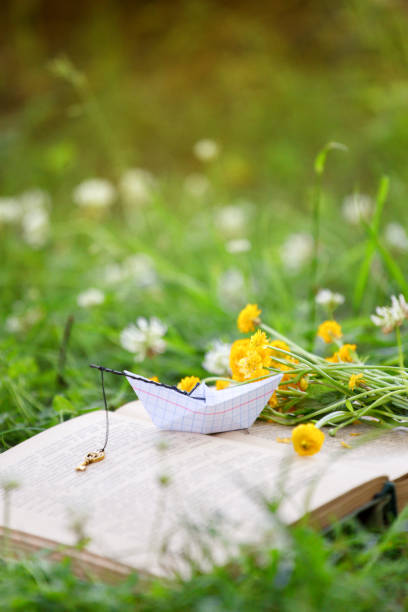 istock Open book outdoor. Knowledge is power. Book in a spring summer forest or garden, yard, concept of studying, dreaming, rest time, romance relax, banner 1210273689