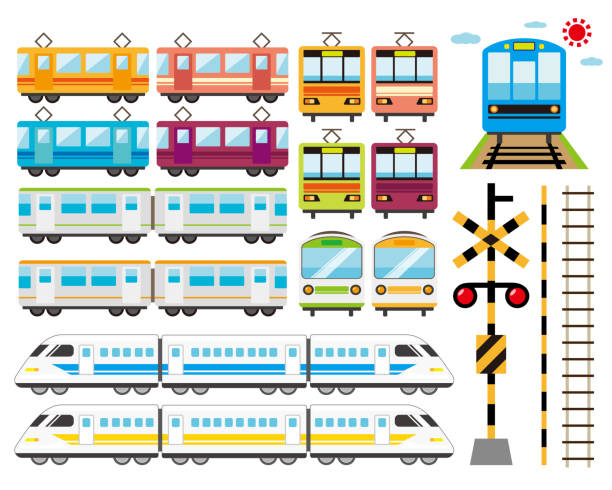 illustrations, cliparts, dessins animés et icônes de illustration de vecteur de train, icône de véhicule. ensemble d’icônes - railroad crossing train railroad track road sign