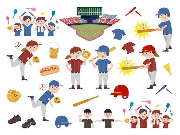 illustrations, cliparts, dessins animés et icônes de divers ensembles de matériel de base-ball - baseball hitting baseball player child