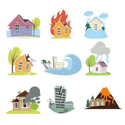Set of natural disasters with isolated outdoor compositions of living houses under various weather conditions. Collection of risk and catastrophic icons