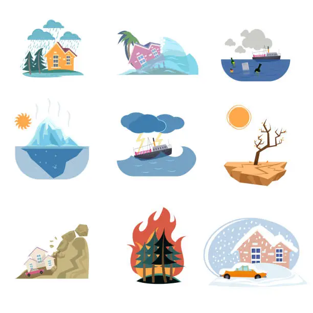 Vector illustration of Set of catastrophe icons and outdoor natural disasters isolated on white background