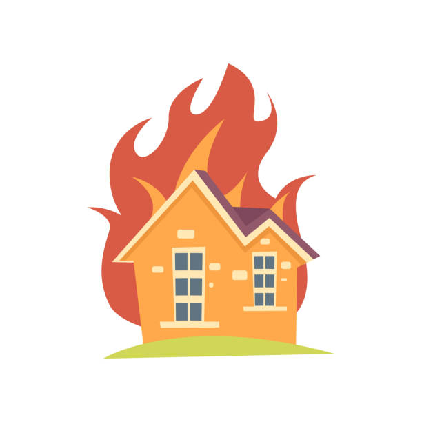 白い背景に隔離された壁の外に火で燃える家 - 火 イラスト点のイラスト素材／クリップアート素材／マンガ素材／アイコン素材