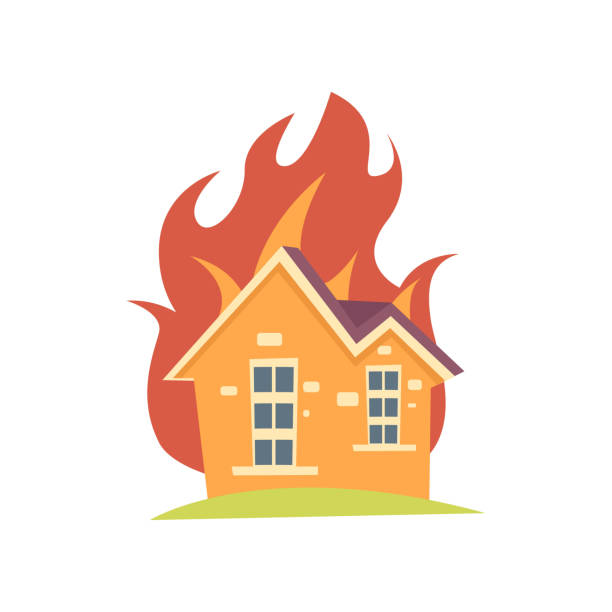 ilustrações, clipart, desenhos animados e ícones de casa em chamas com fogo fora das paredes isoladas em fundo branco - house fire