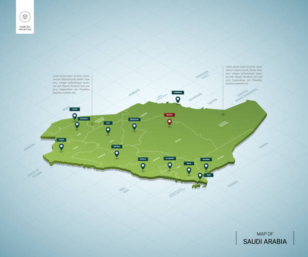 стилизованная карта саудовской аравии. изометрическая 3d зеленая карта с городами, границ ами, столицей эр-рияда, регионами. векторная иллюс� - saudi arabia stock illustrations