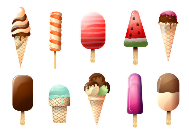 ilustrações, clipart, desenhos animados e ícones de conjunto de sorvetes diferentes em sabor e forma isolados no fundo branco - ice cream sundae ice cream chocolate