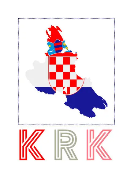 Vector illustration of Krk Logo. Map of Krk with island name and flag.