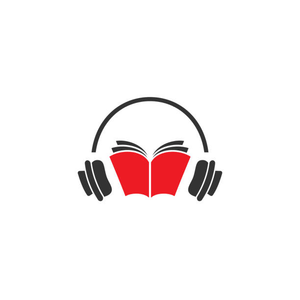 audio-buch-logo. rotes offenes buch mit kopfhörern oder headset auf weißem hintergrund. - open concept audio stock-grafiken, -clipart, -cartoons und -symbole