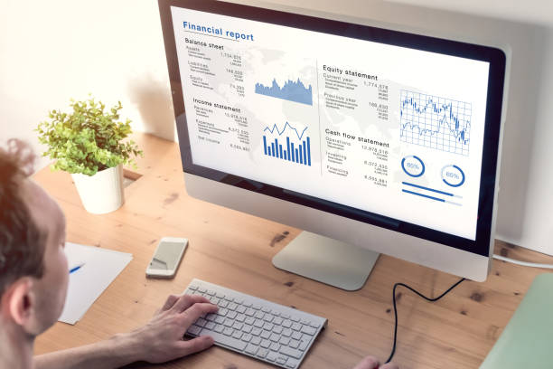 accountant analysing financial report on computer screen in office, business document with data such as balance sheet, income and equity statements, corporate strategy, auditing - spreadsheet financial figures computer computer monitor imagens e fotografias de stock