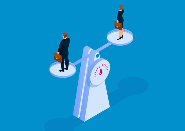 Balance and equality, male businessman and businesswoman standing on scales to balance Balance and equality, male businessman and businesswoman standing on scales to balance weight scale illustrations stock illustrations