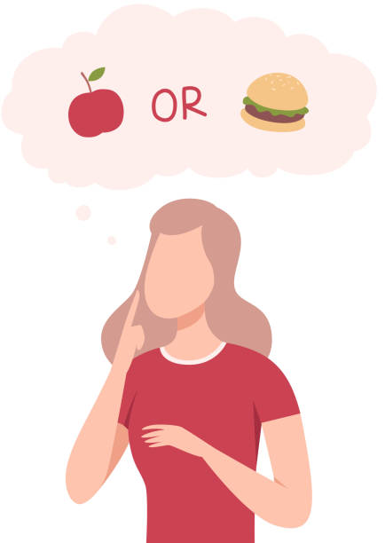 Girl Trying to Make Decision, Apple or Burger, Woman hoosing Between Healthy and Unhealthy Food Flat Vector Illustration Girl Trying to Make Decision, Apple or Burger, Woman hoosing Between Healthy and Unhealthy Food Flat Vector Illustration on White Background. pics of a bewitched stock illustrations
