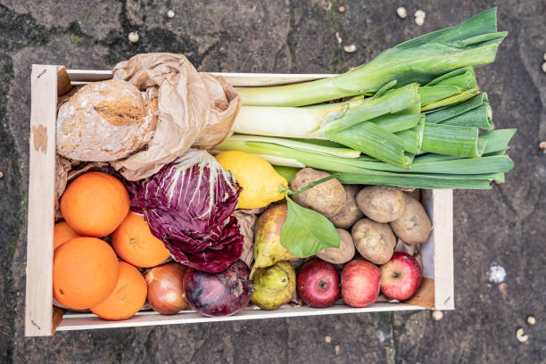 caja de madera llena de frutas y verduras - radish vegetable farmers market gardening fotografías e imágenes de stock