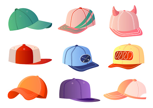 Colorful realistic baseball caps set different shapes and decor isolated on white background. Sportwear, fashion concept. Male and female headwear for kids, teenager.
