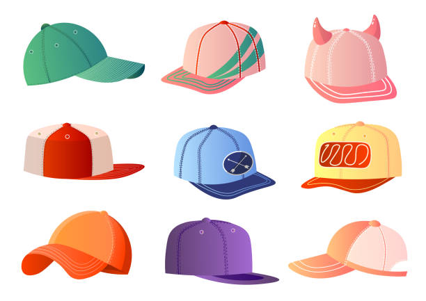 Colorful baseball caps set isolated on white background Colorful realistic baseball caps set different shapes and decor isolated on white background. Sportwear, fashion concept. Male and female headwear for kids, teenager. headwear stock illustrations